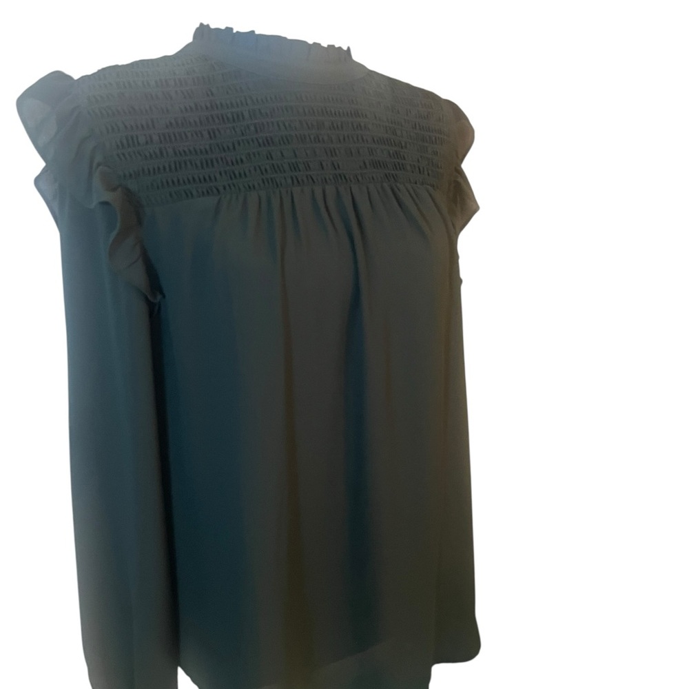 LOFT Emerald Green Smocked Ruffle Long Sleeve Blouse